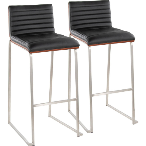 Mason Mara 30" Bar Stool in Stainless Steel, Walnut Wood & Black Leatherette (Set of 2)